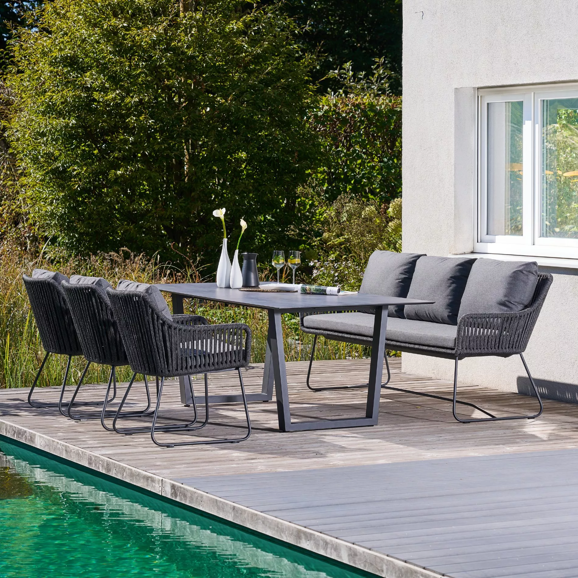 CASA DOMA Ribera/Falerna Gartenmöbel-Set mit Diningsessel, Diningbank L-Form und Tisch HPL, 5-teilig